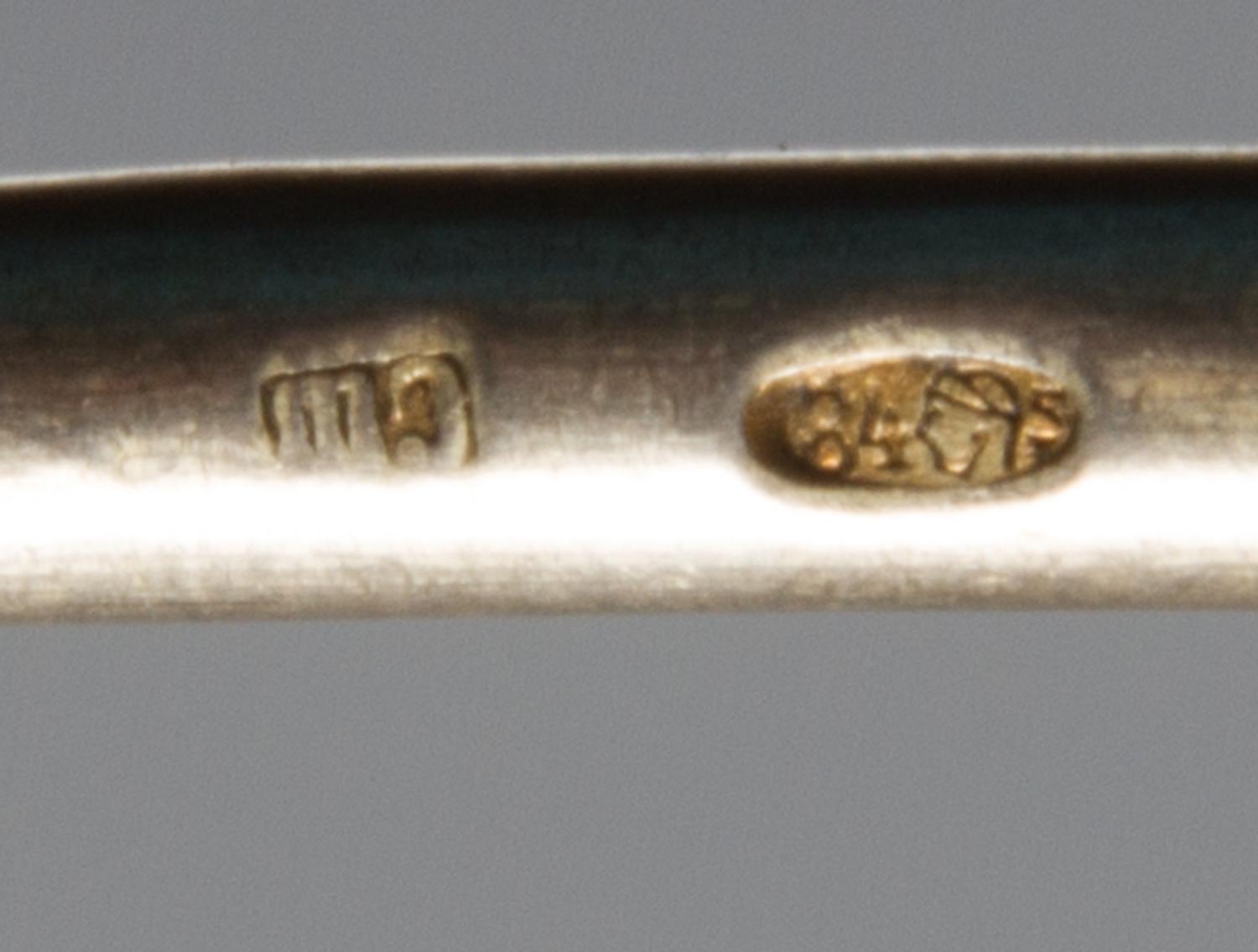 A Russian Silver-Gilt and Enamel Serving Spoon, Maker's mark Cyrillic SSh, kokoshnik mark of Ivan Lebedkin, Moscow, late 19th/early 20t