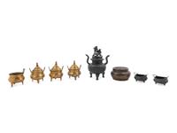 Seven Chinese Metal Incense Burners and One Bronze Circular Hand Warmer