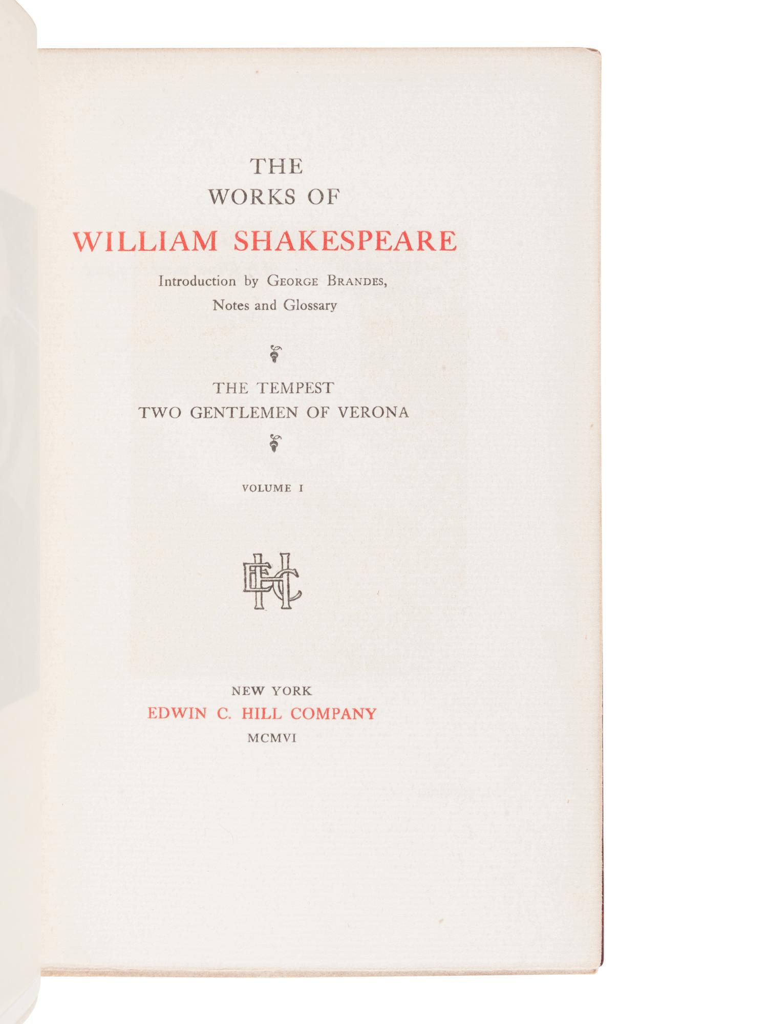 [BINDINGS]. SHAKESPEARE, William (1564-1661). Works . New York: Edwin C. Hill Company, 1906.