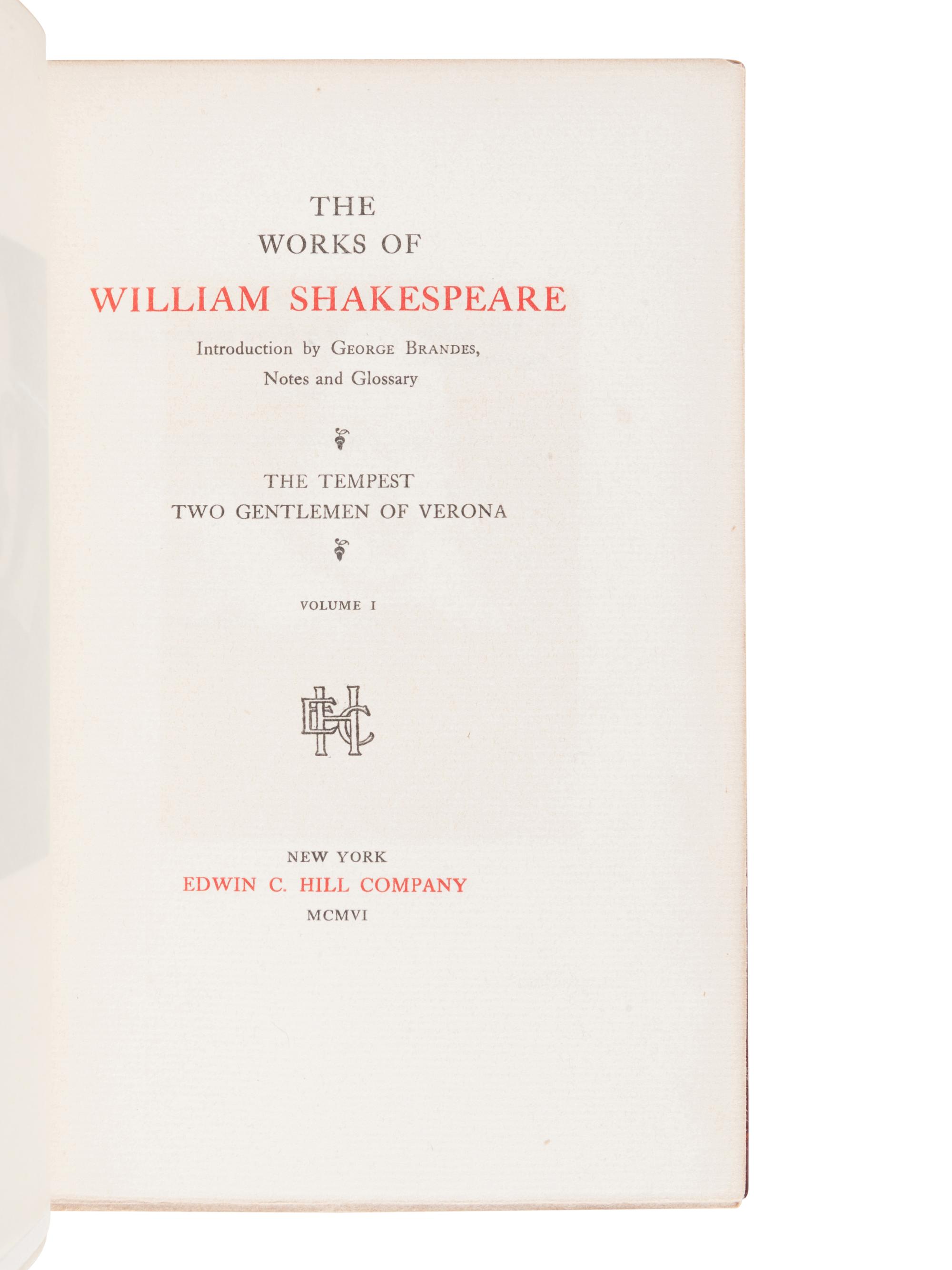 [BINDINGS]. SHAKESPEARE, William (1564-1661). Works . New York: Edwin C. Hill Company, 1906.
