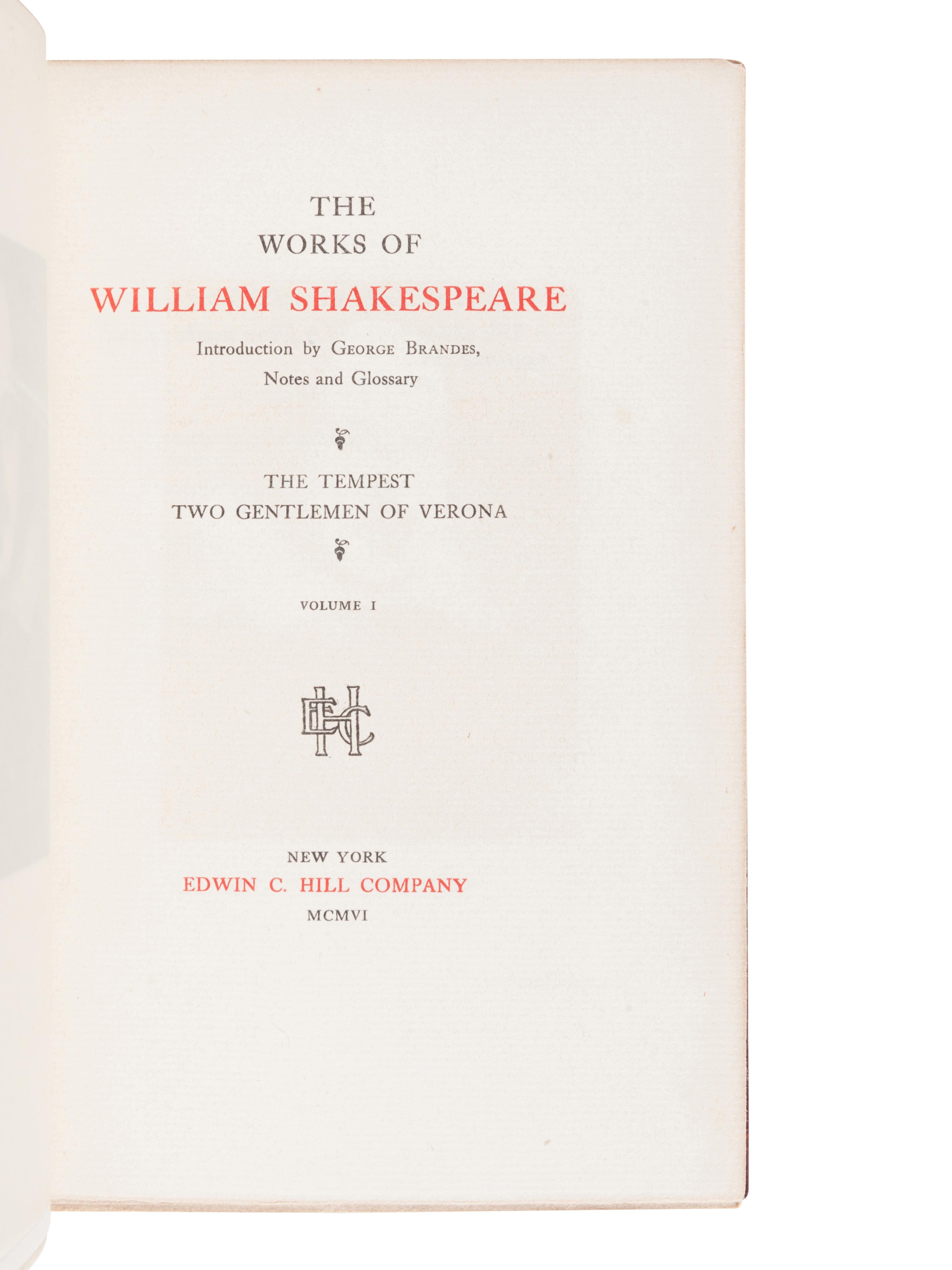 [BINDINGS]. SHAKESPEARE, William (1564-1661). Works . New York: Edwin C. Hill Company, 1906.