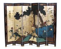 An Asian Polychromed Lacquer Six-Panel Screen Height of each 72 x width 16 inches. — 20TH CENTURY