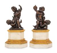 A Pair of French Gilt and Patinated Bronze and Marble Ornaments