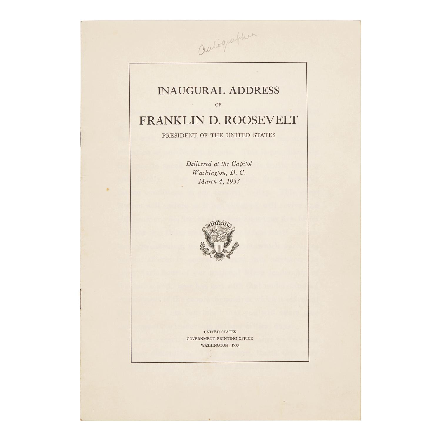 [Presidential] Roosevelt, Franklin D. Inaugural Address of Franklin D. Roosevelt, President of the United States...1933.