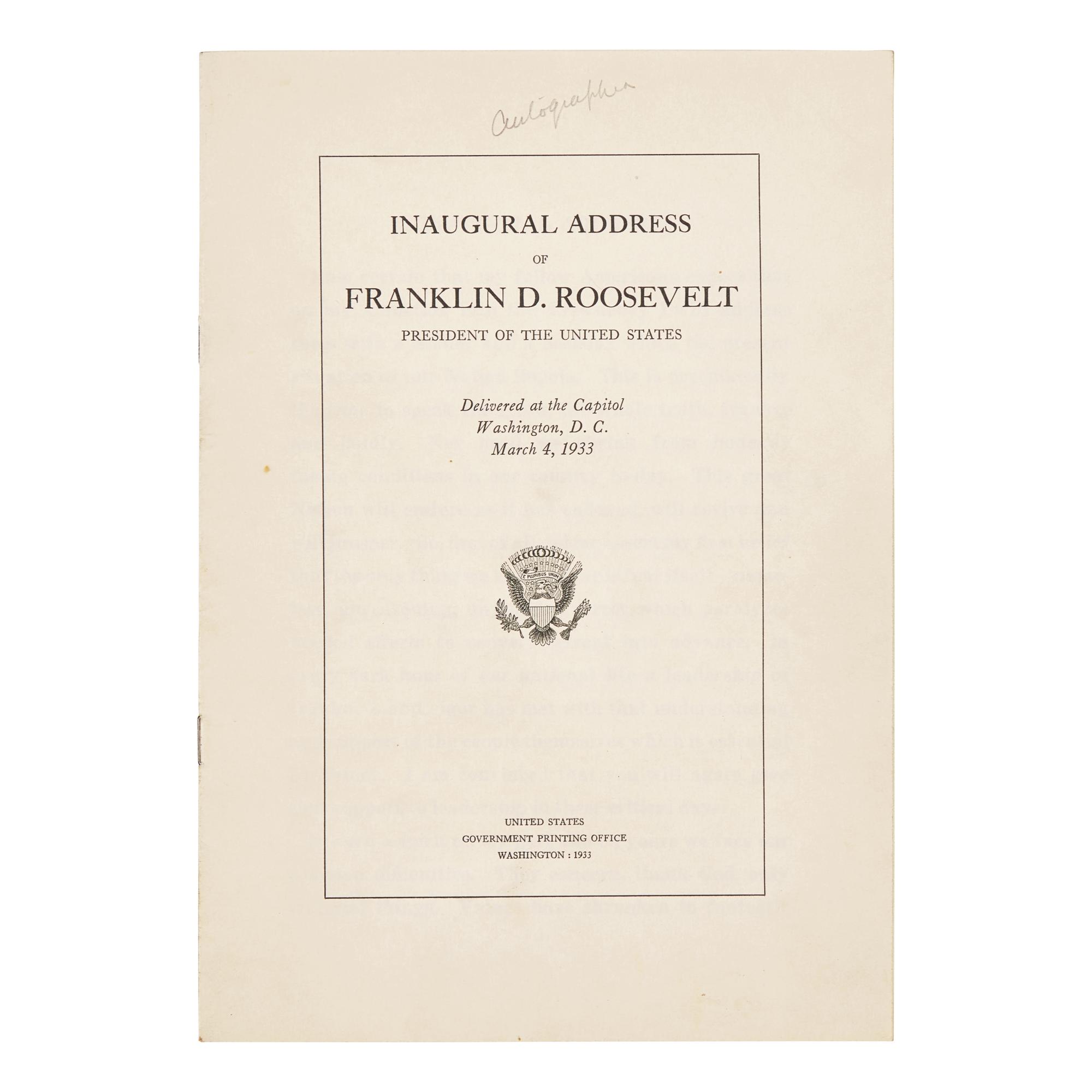 [Presidential] Roosevelt, Franklin D. Inaugural Address of Franklin D. Roosevelt, President of the United States...1933.