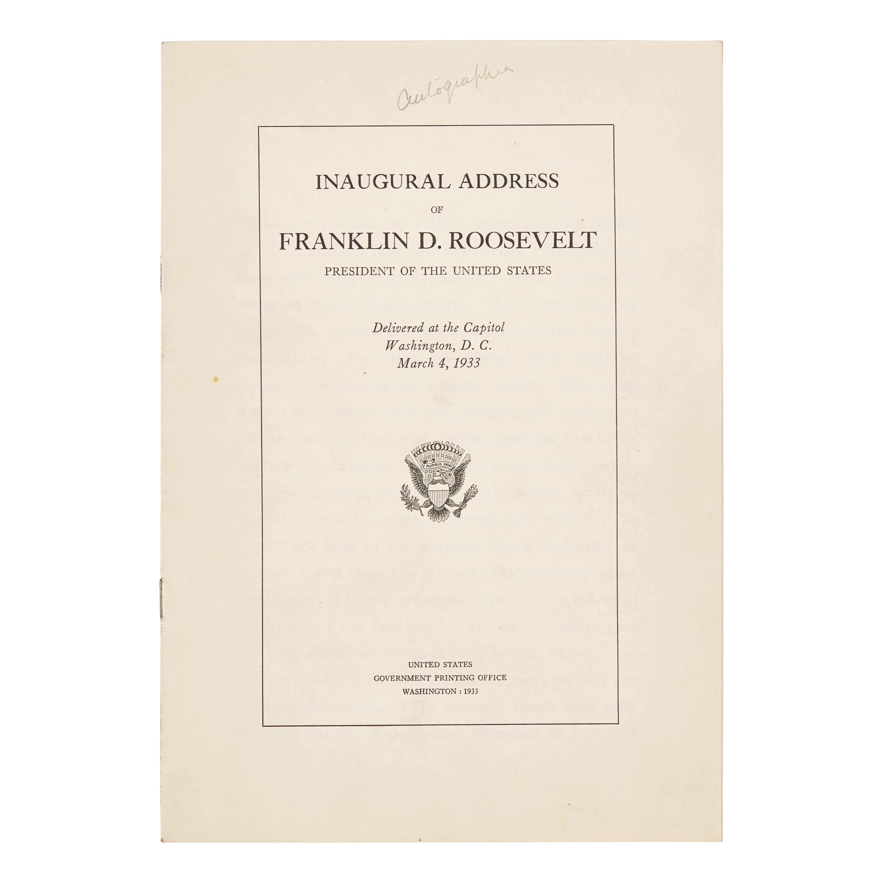 [Presidential] Roosevelt, Franklin D. Inaugural Address of Franklin D. Roosevelt, President of the United States...1933.