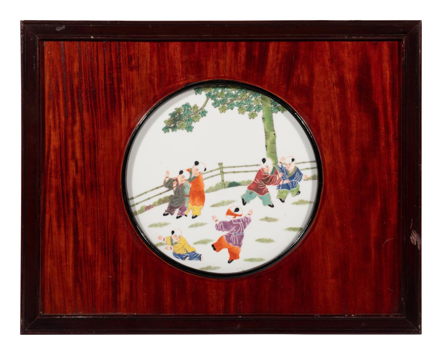 A Set of Four Chinese Famille Rose Porcelain Inset Hardwood Hanging Screens