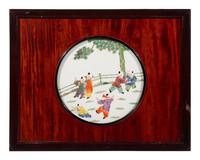 A Set of Four Chinese Famille Rose Porcelain Inset Hardwood Hanging Screens