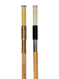 Two English Metal Mounted Otis King Pocket Calculator System Walking Sticks