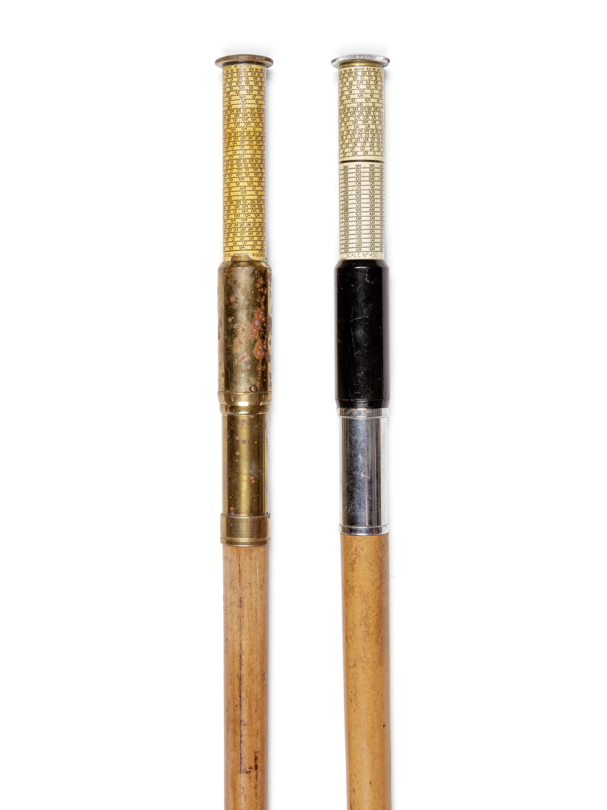 Two English Metal Mounted Otis King Pocket Calculator System Walking Sticks