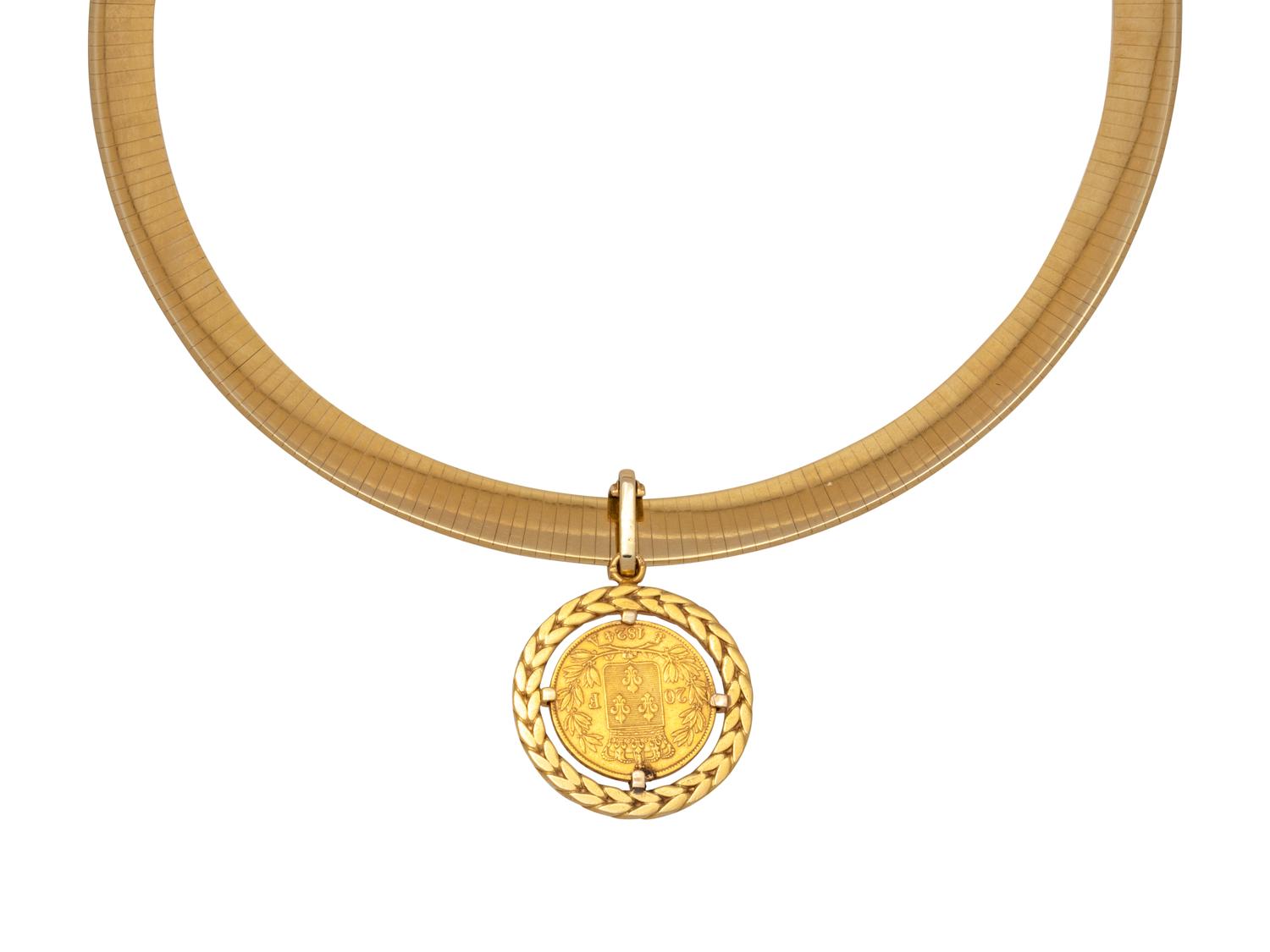 YELLOW GOLD, COIN AND DIAMOND PENDANT/NECKLACE