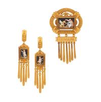 FRENCH, ARCHAEOLOGICAL REVIVAL, YELLOW GOLD AND PORTRAIT MINIATURE SET