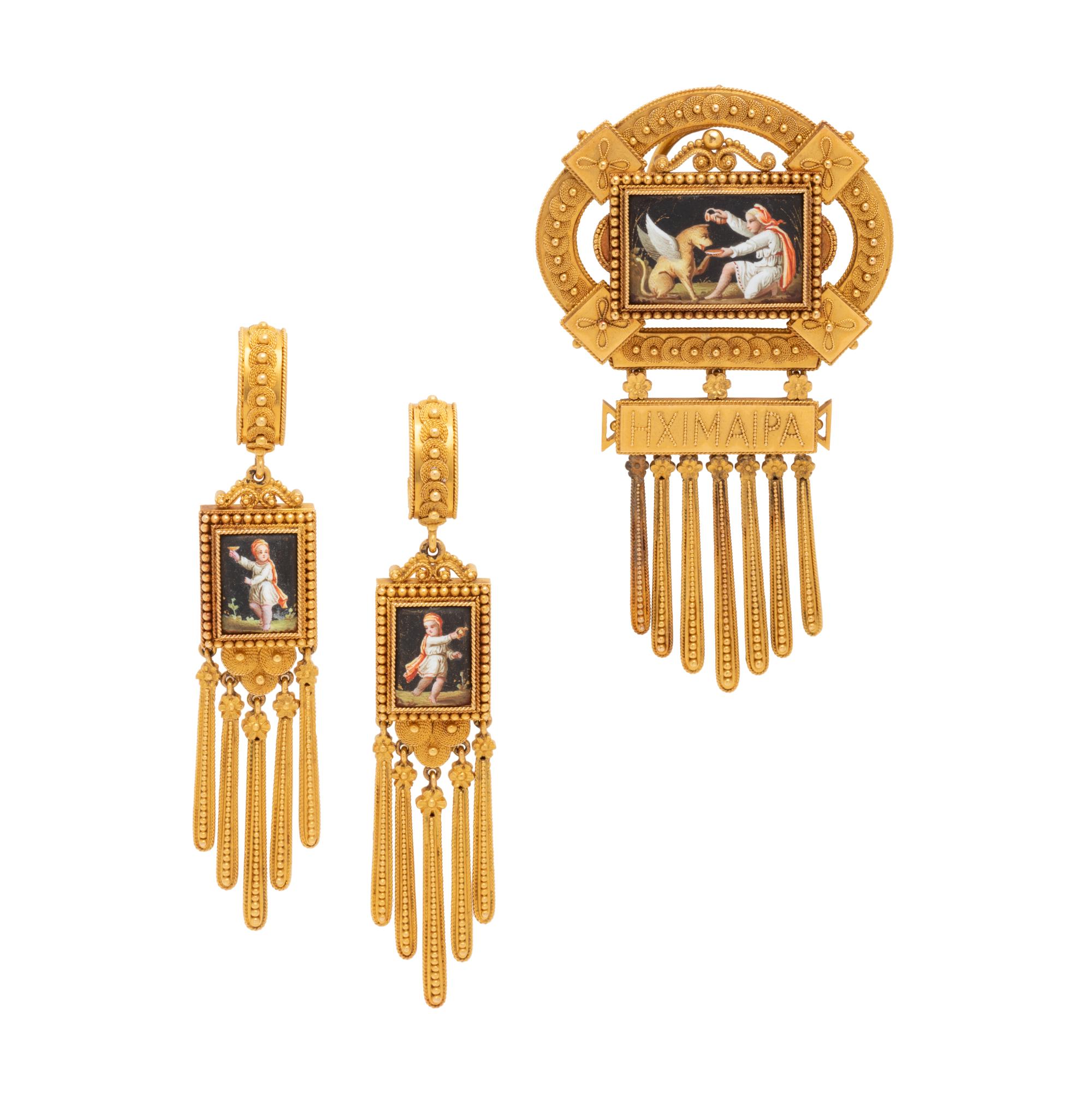 FRENCH, ARCHAEOLOGICAL REVIVAL, YELLOW GOLD AND PORTRAIT MINIATURE SET
