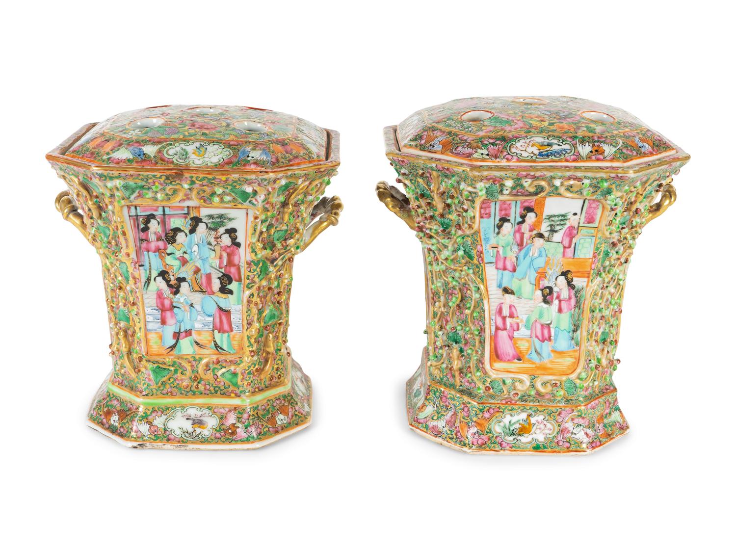 A Pair of Chinese Famille Rose Porcelain Bough Pots — EARLY 19TH CENTURY