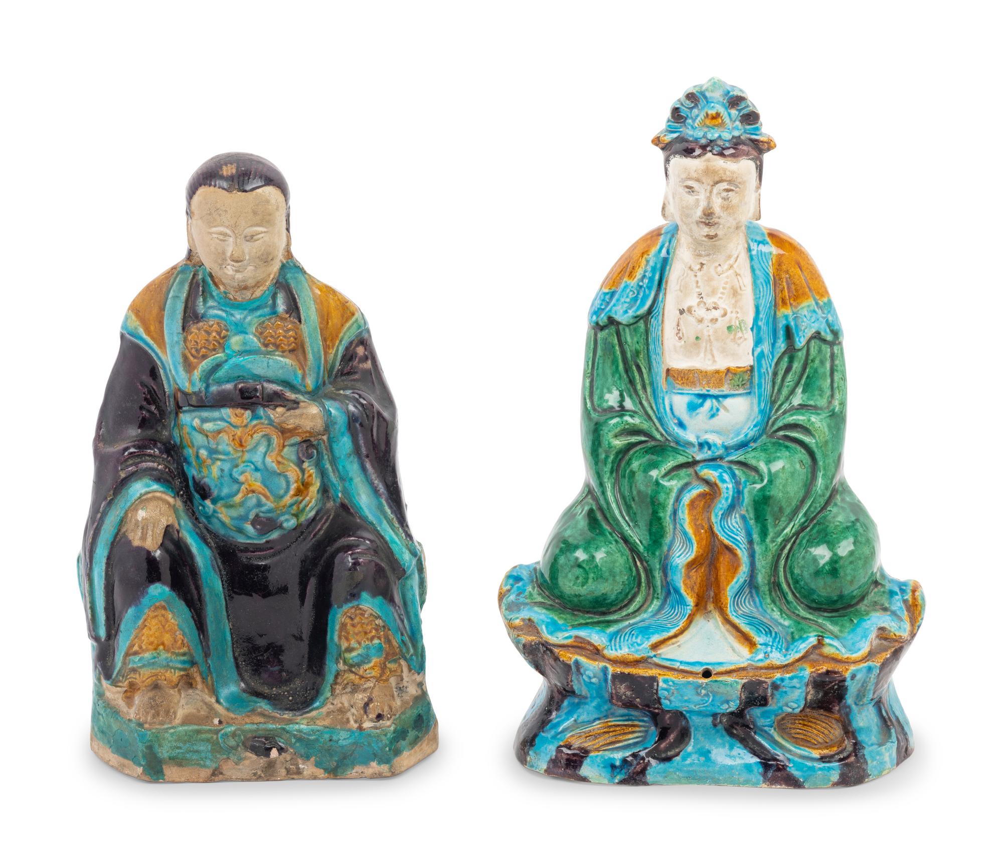 Two Turquoise, Yellow and Blue Glazed Tilework's Figures of Daoist Immortals