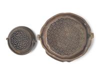 Two Chinese Copper Hand Warmers and A Small Bronze Mirror