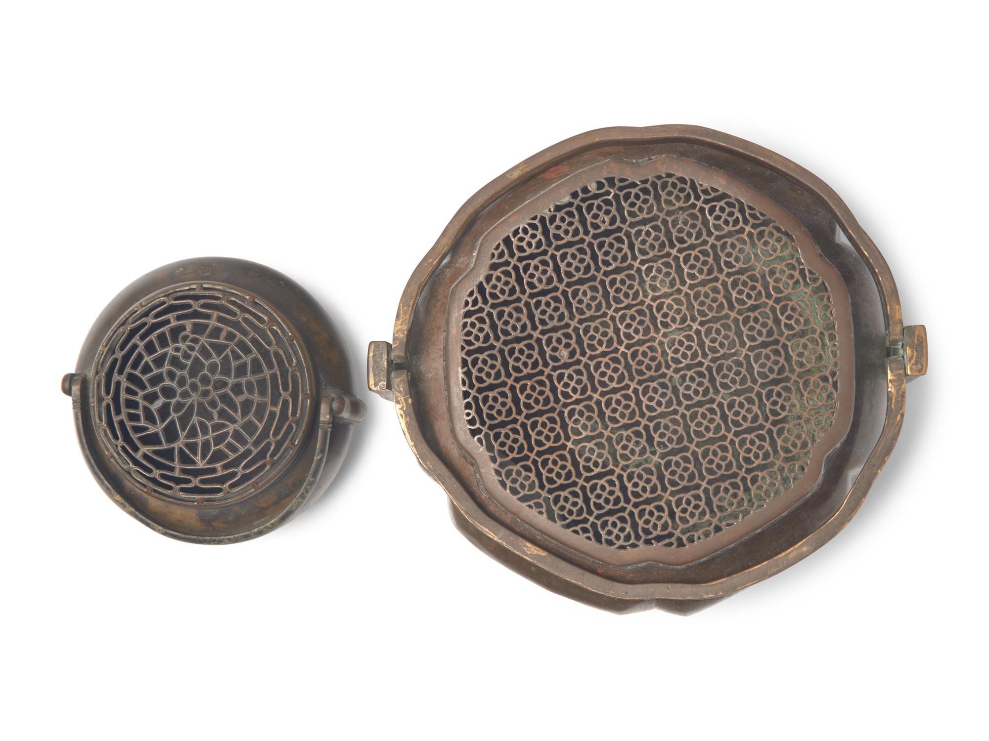 Two Chinese Copper Hand Warmers and A Small Bronze Mirror