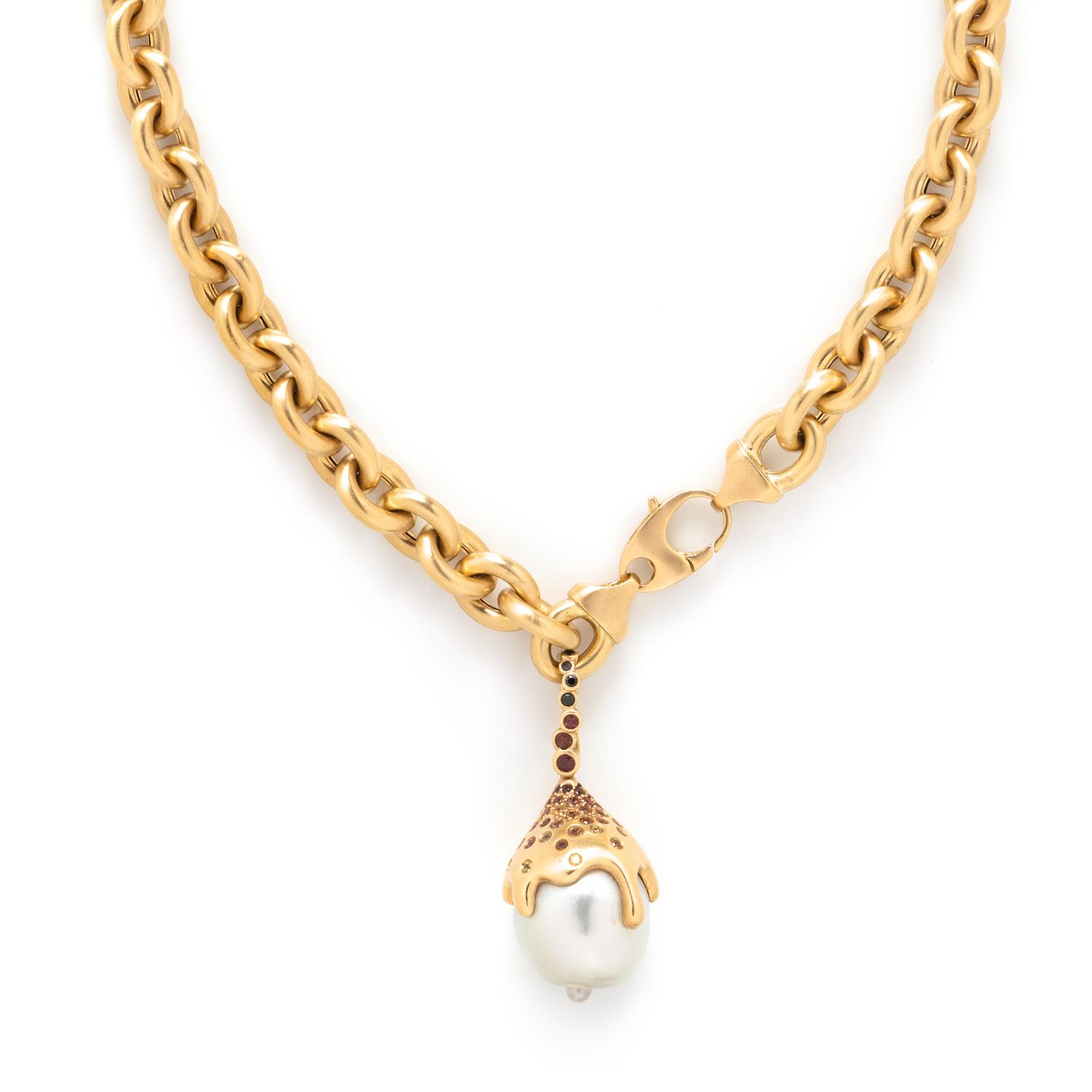 YELLOW GOLD, BAROQUE SOUTH SEA CULTURED PEARL, AND MULTIGEM NECKLACE