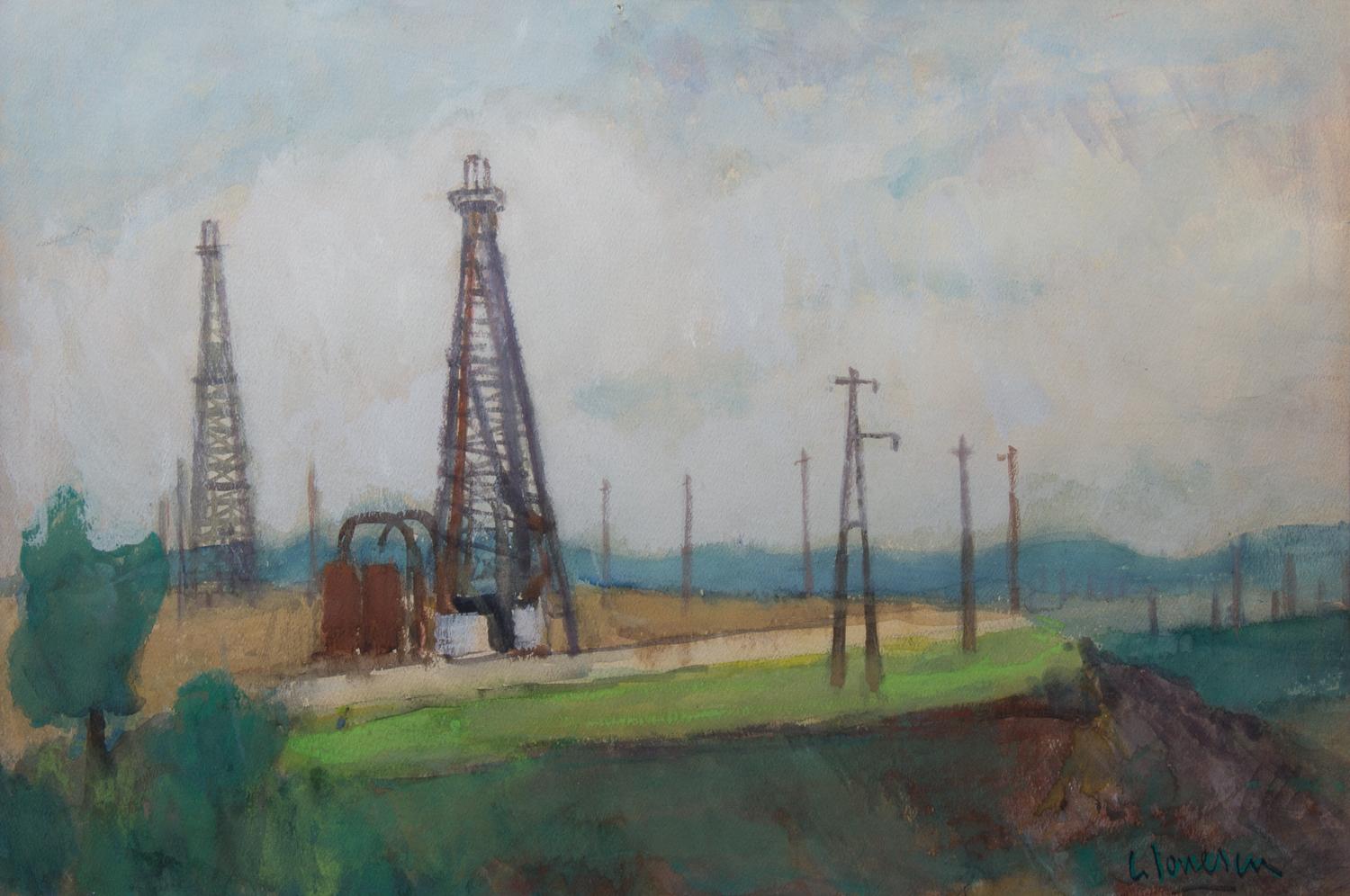 Artists Unknown, (American, 20th century), two watercolors of industrial landscapes, signed illegibly, and a pencil drawing of a boy wi