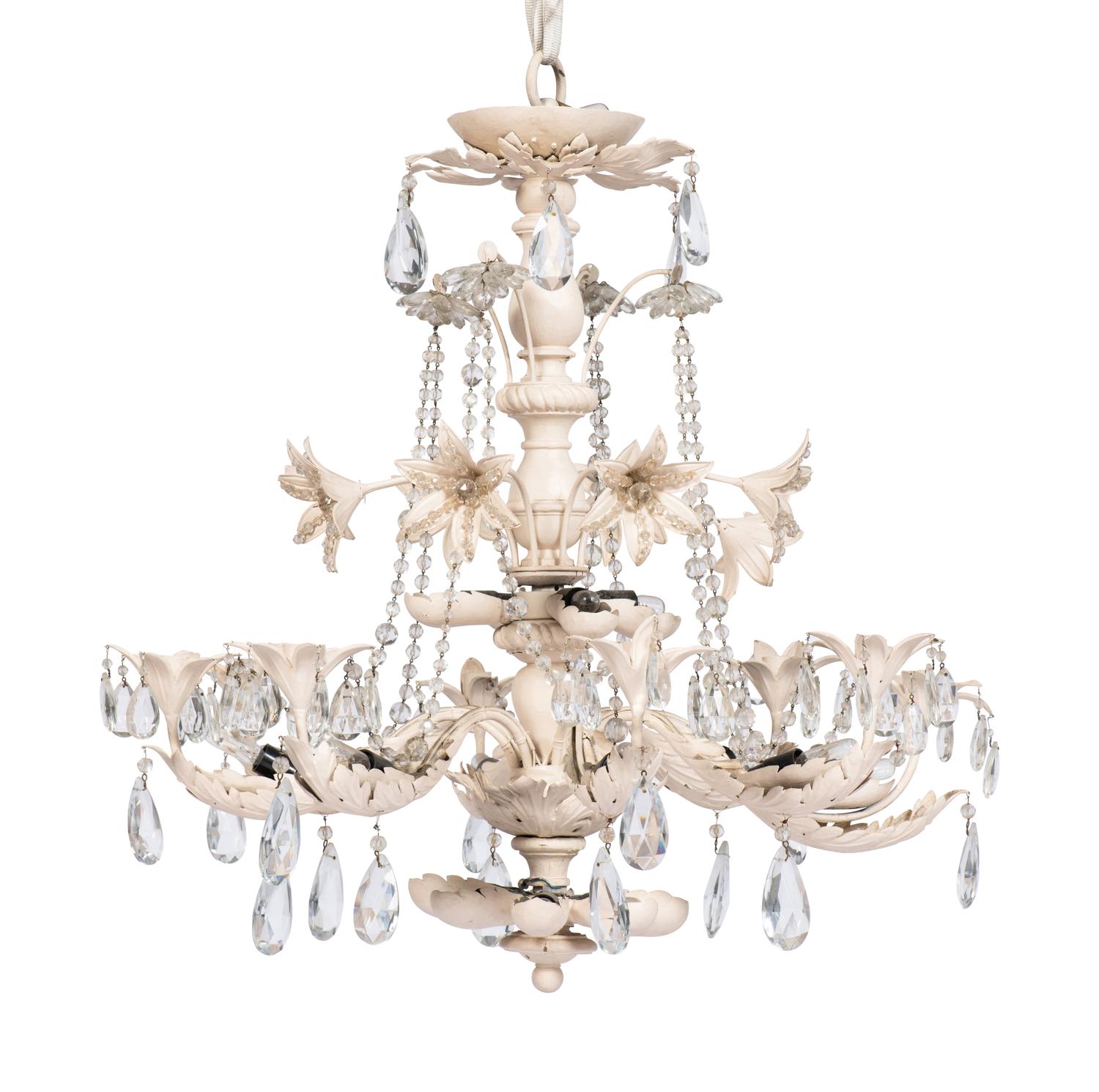 A Pair of Painted Metal and Cut Glass Eight-Light Chandeliers