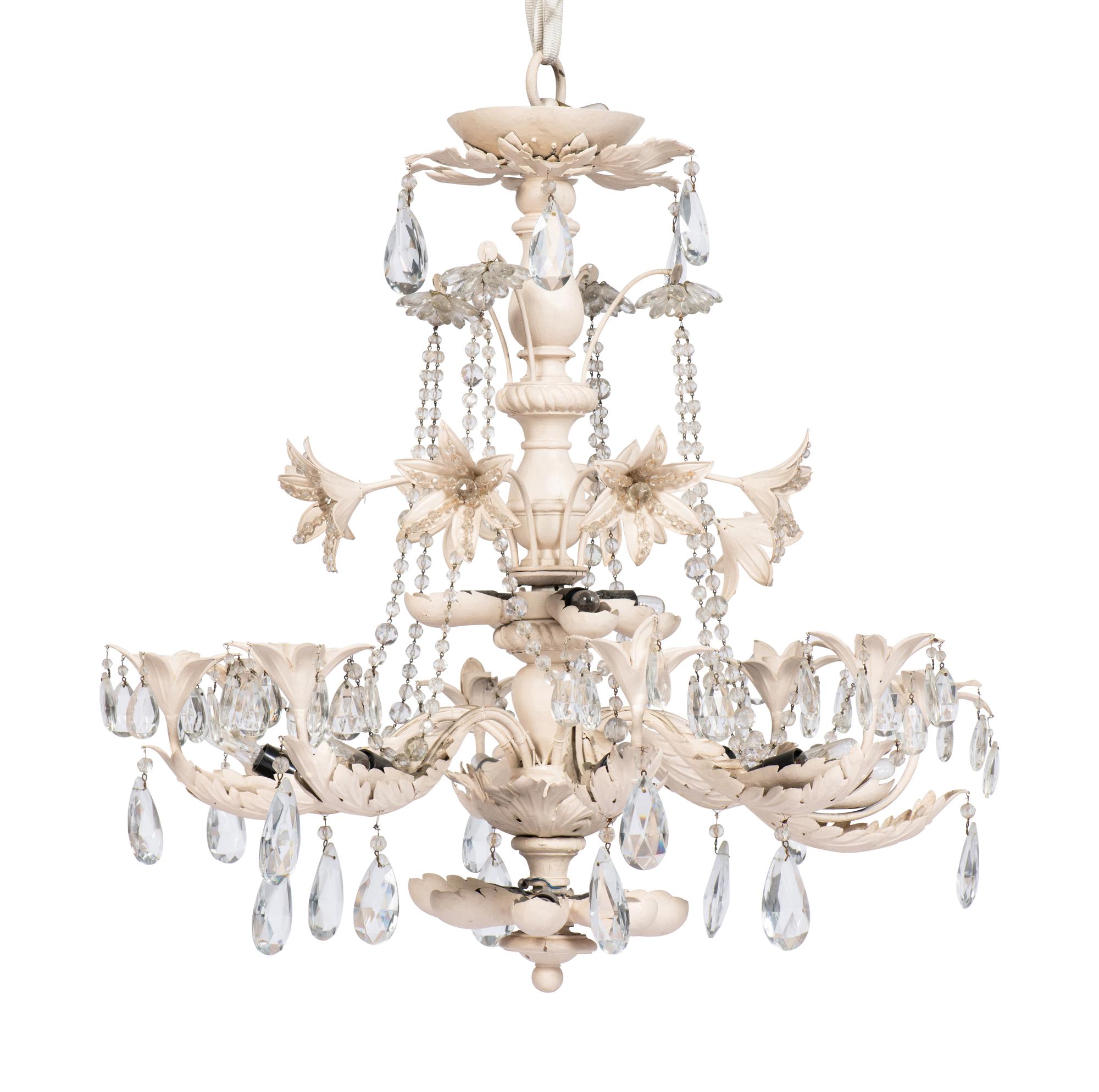 A Pair of Painted Metal and Cut Glass Eight-Light Chandeliers