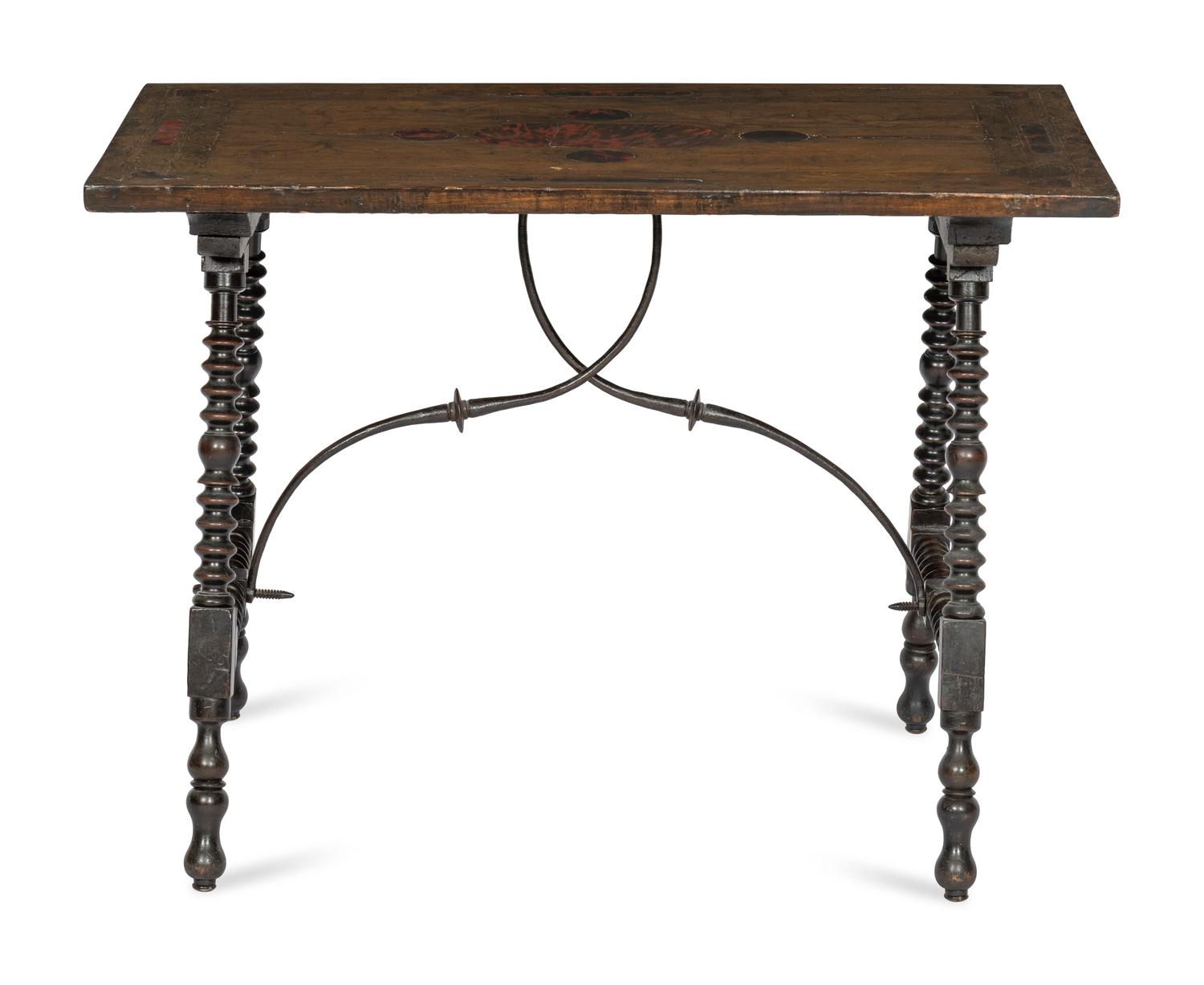 A Continental Baroque Brass and Tortoise Inlaid Walnut Table