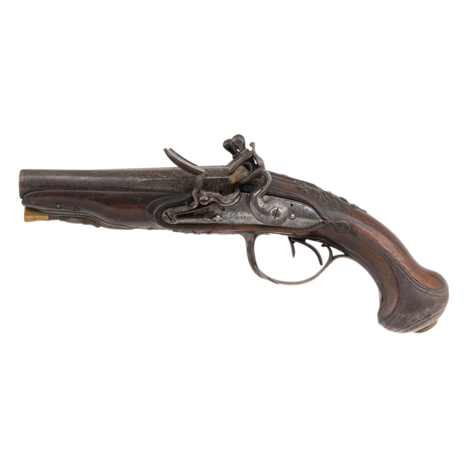 French Double Barrel Flintlock Pistol by Rennes Jourjon