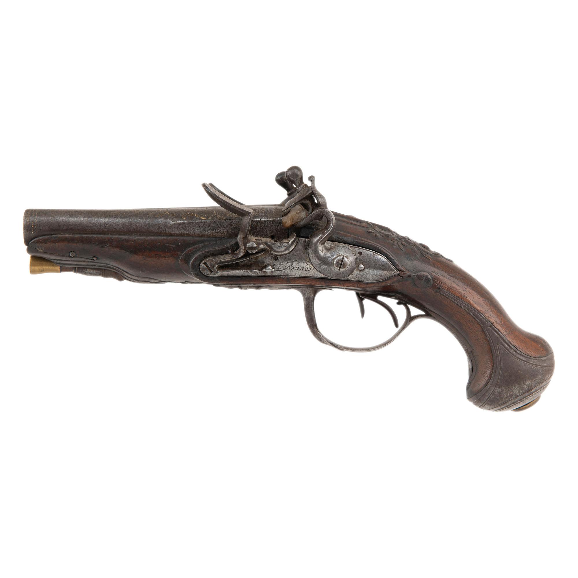 French Double Barrel Flintlock Pistol by Rennes Jourjon