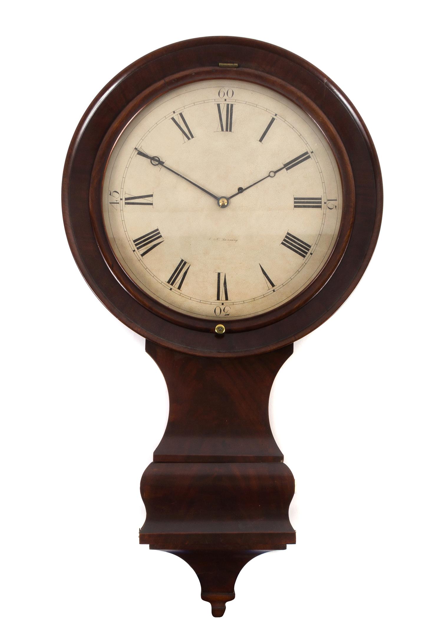 An American Empire Mahogany Gallery Clock Height 37 inches. — JOSEPH NYE DUNNING, BURLINGTON, VERMONT, CIRCA 1830