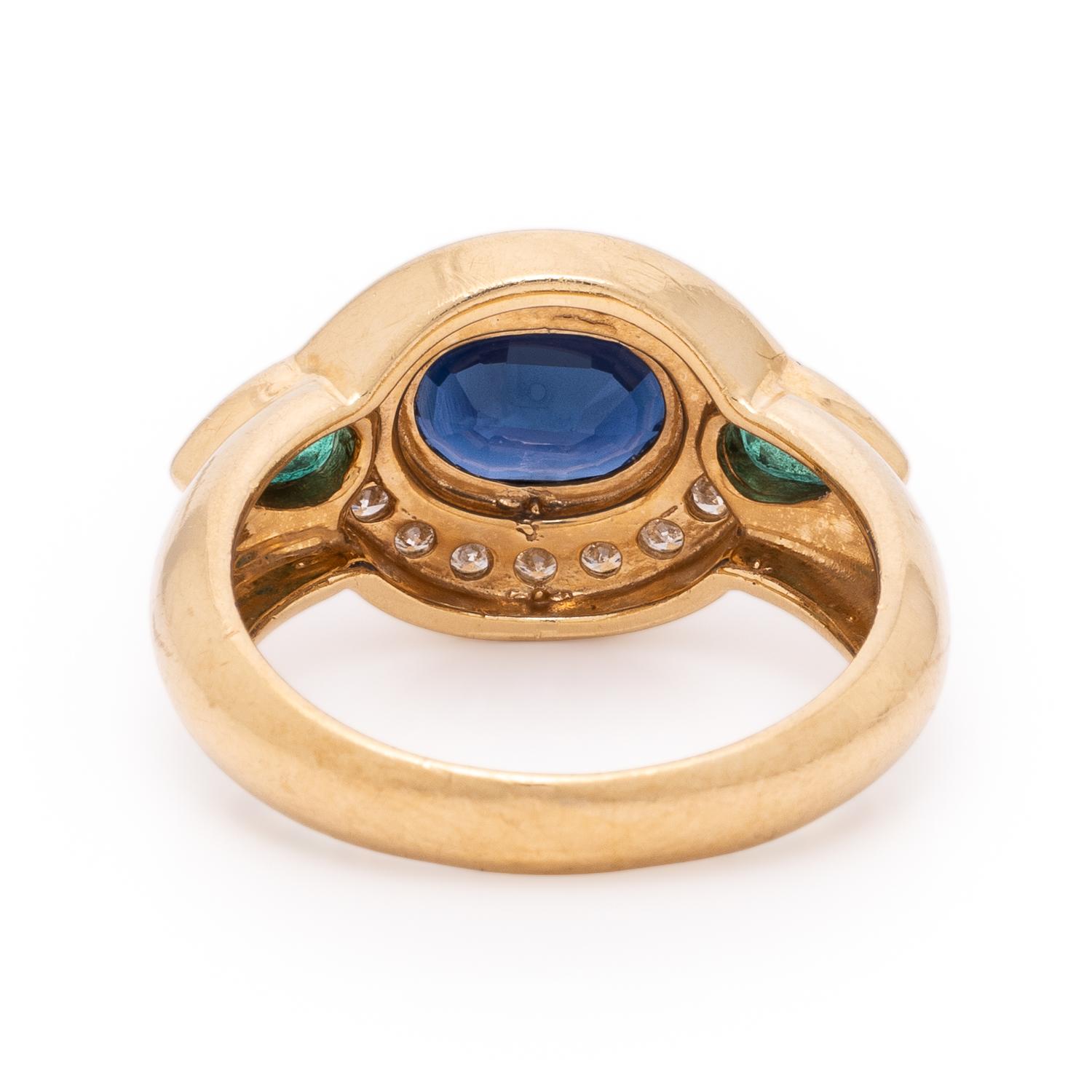 Sapphire, Diamond, Emerald, and Yellow Gold Ring