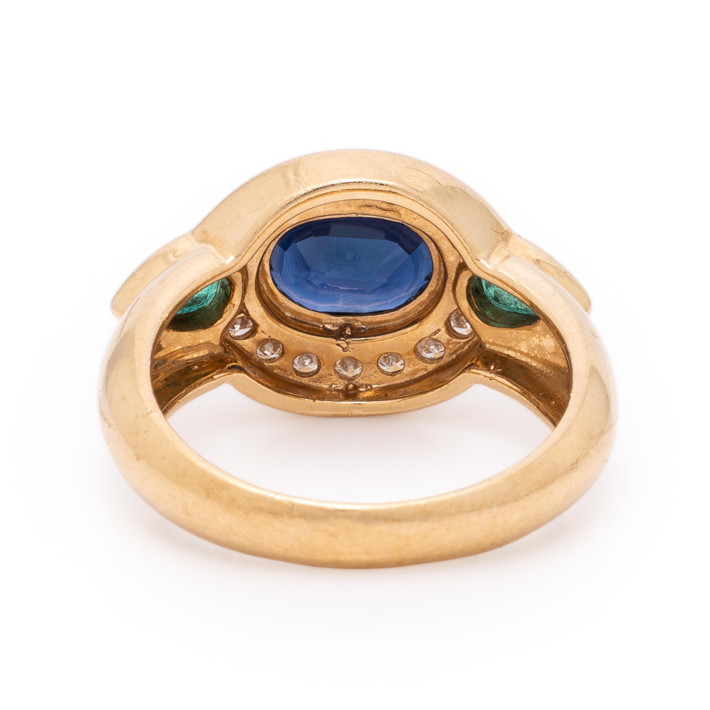 Sapphire, Diamond, Emerald, and Yellow Gold Ring