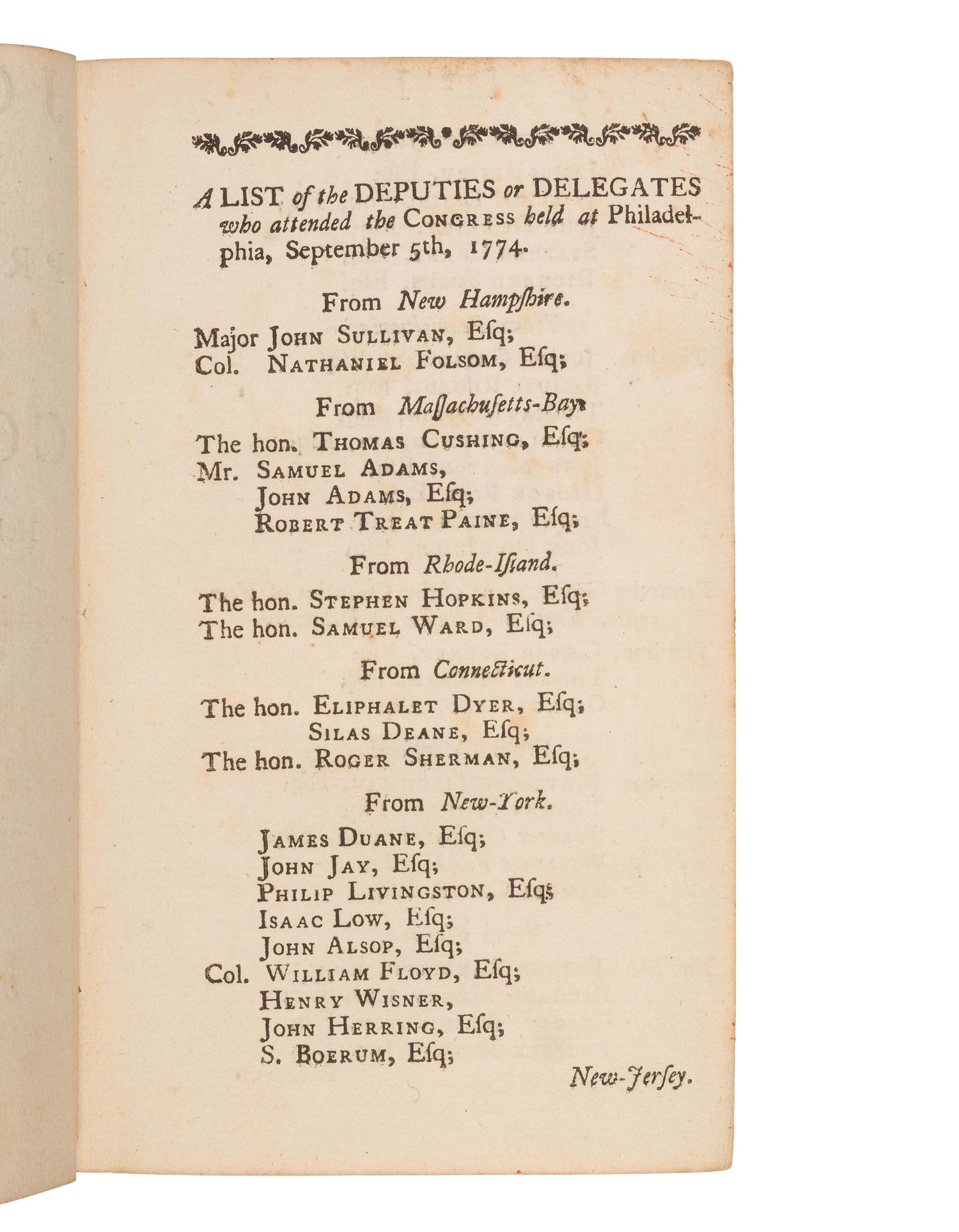 [REVOLUTIONARY WAR -- CONTINENTAL CONGRESS]. Journal of the Proceedings of the Congress, Held at Philadelphia, September 5, 1774 . Philadelphia: William and Thomas Bradford, at the London Coffee House, 1774.