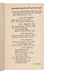 [REVOLUTIONARY WAR -- CONTINENTAL CONGRESS]. Journal of the Proceedings of the Congress, Held at Philadelphia, September 5, 1774 . Philadelphia: William and Thomas Bradford, at the London Coffee House, 1774.