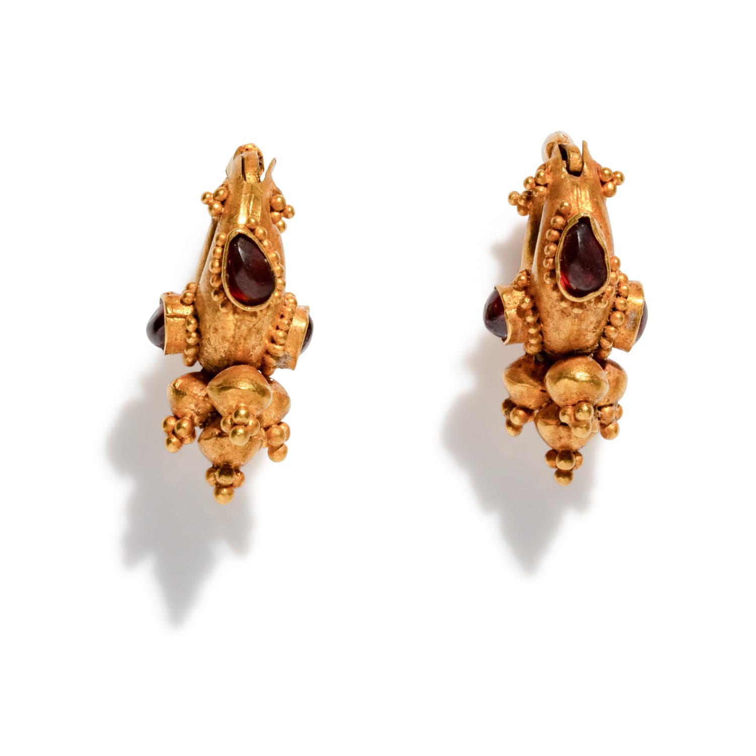 A Pair of Parthian or Sasanian Gold and Garnet Earrings
