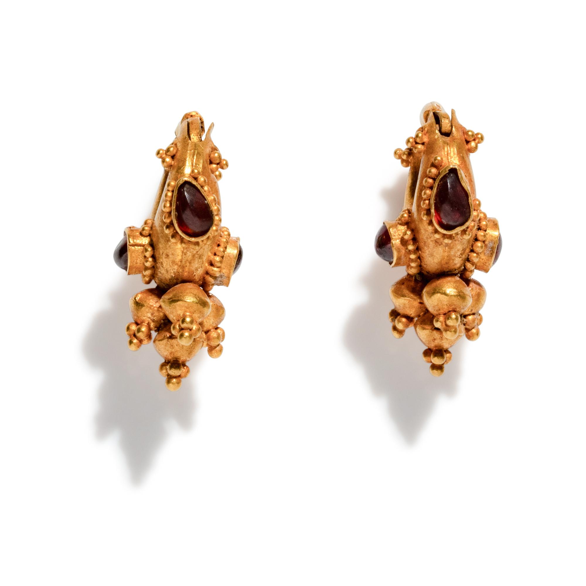 A Pair of Parthian or Sasanian Gold and Garnet Earrings