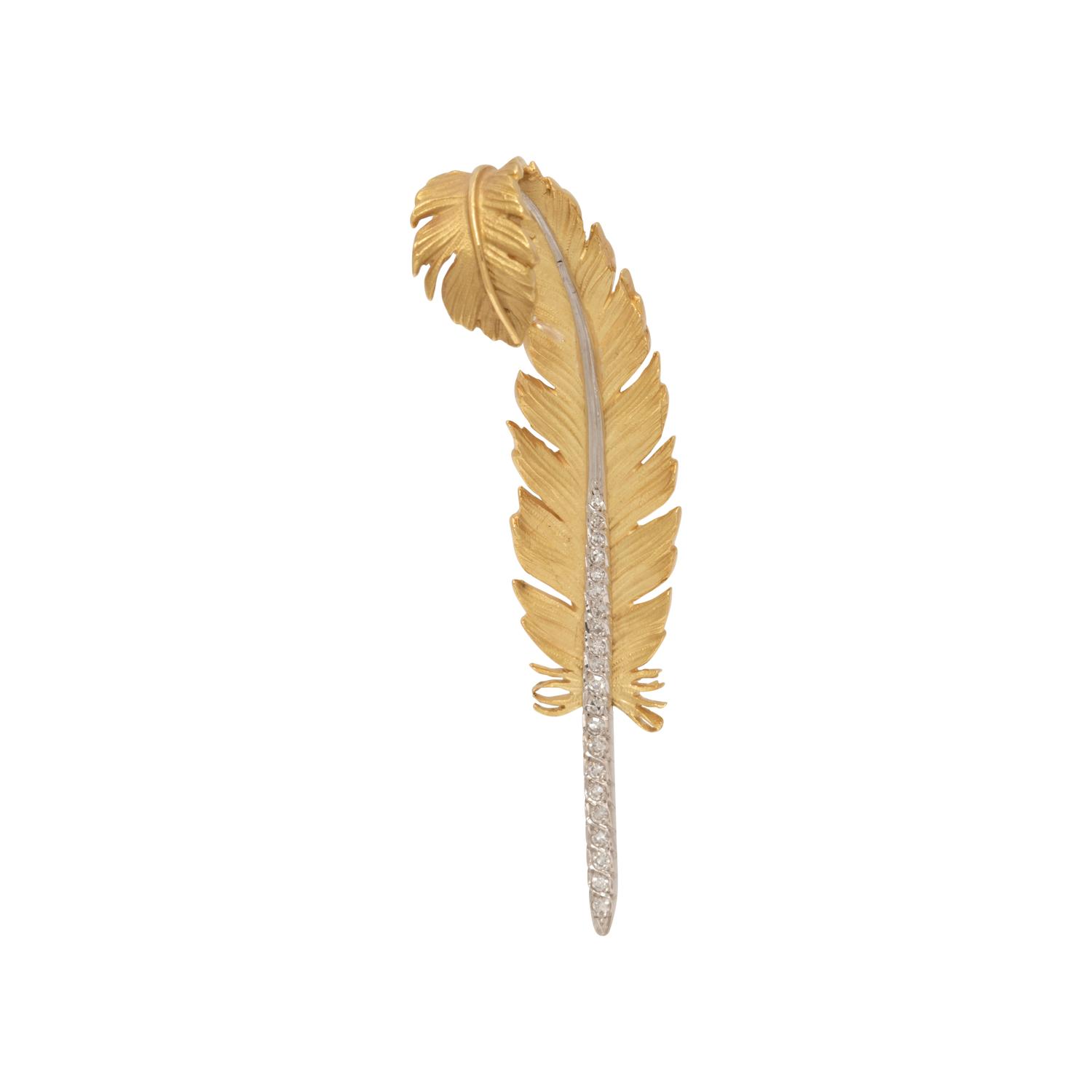 VINTAGE, YELLOW GOLD AND DIAMOND FEATHER BROOCH