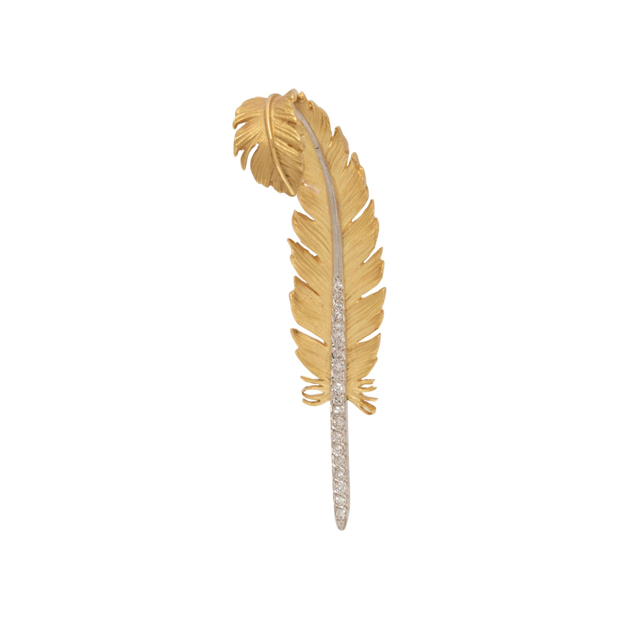 VINTAGE, YELLOW GOLD AND DIAMOND FEATHER BROOCH