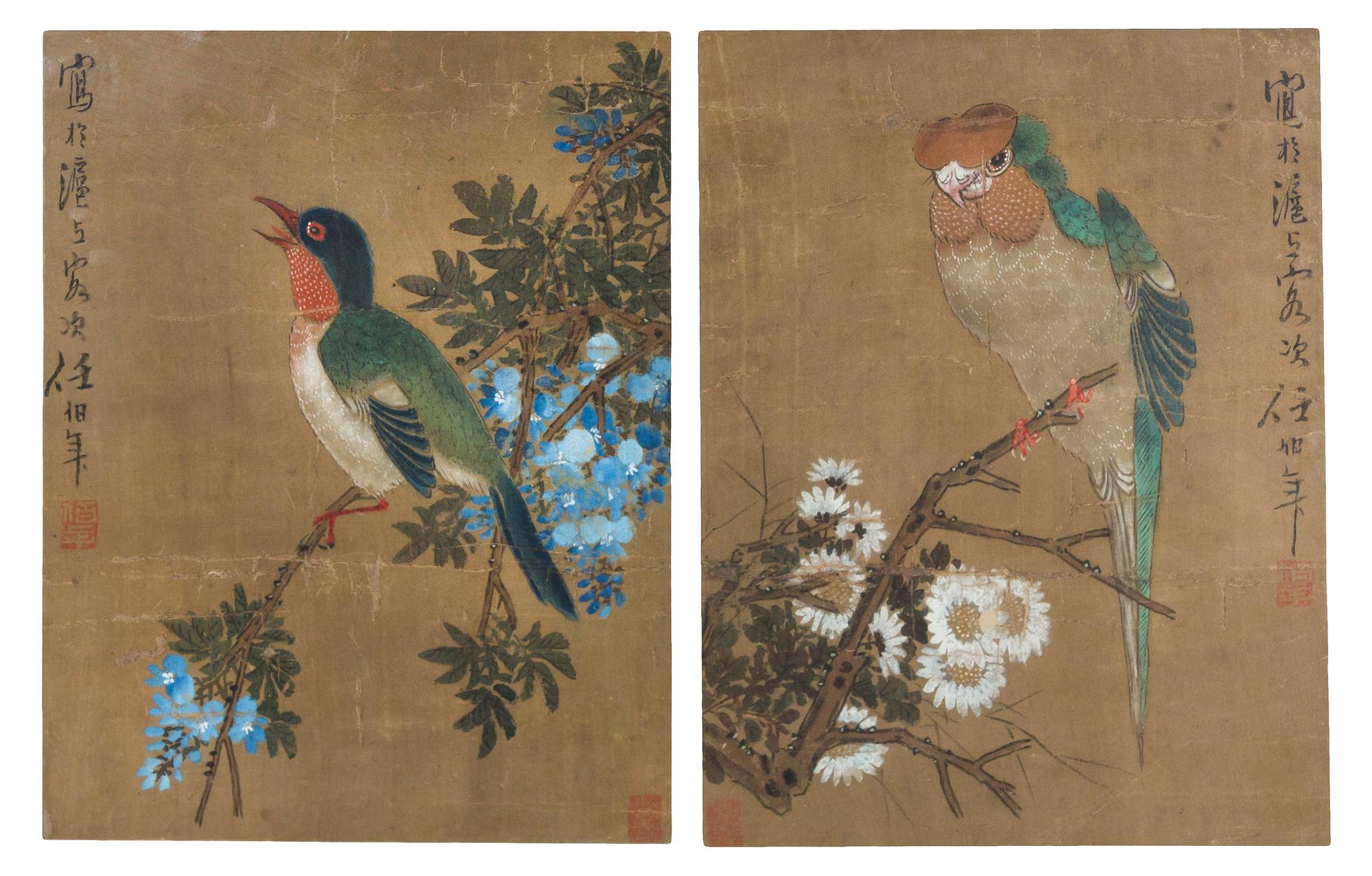 Attributed to Ren Bonian, (1840-1895), Birds Perched on Flowering Branches