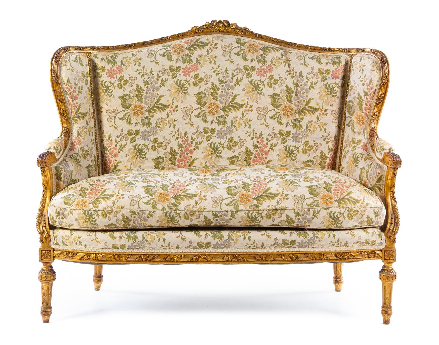 A Louis XVI Style Giltwood Salon Suite Height of settee 46 1/2 x width 56 x depth 34 inches. — LATE 19TH/EARLY 20TH CENTURY