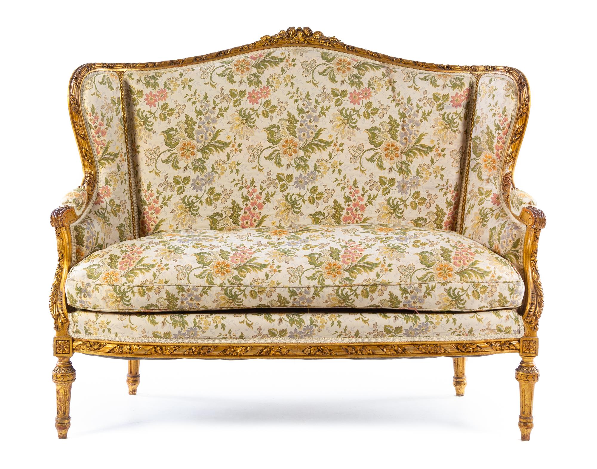 A Louis XVI Style Giltwood Salon Suite Height of settee 46 1/2 x width 56 x depth 34 inches. — LATE 19TH/EARLY 20TH CENTURY