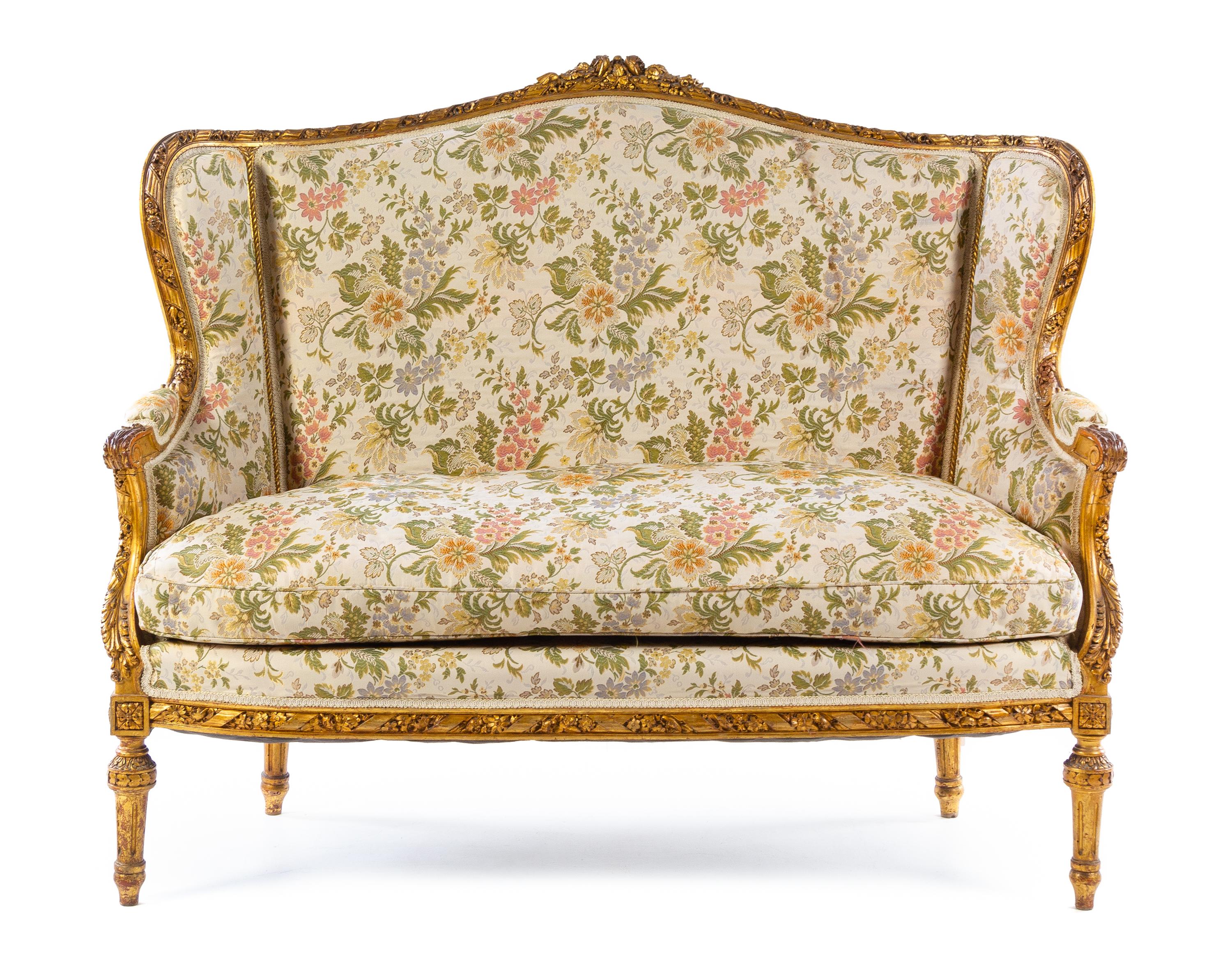 A Louis XVI Style Giltwood Salon Suite Height of settee 46 1/2 x width 56 x depth 34 inches. — LATE 19TH/EARLY 20TH CENTURY