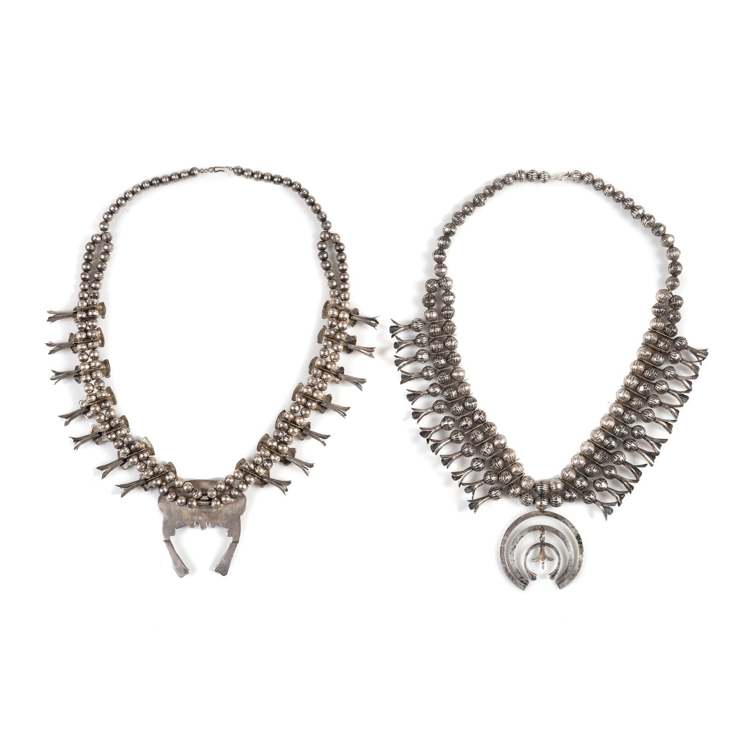 Pair of Southwestern-Style Silver and Turquoise Squash Blossom Necklaces