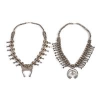Pair of Southwestern-Style Silver and Turquoise Squash Blossom Necklaces