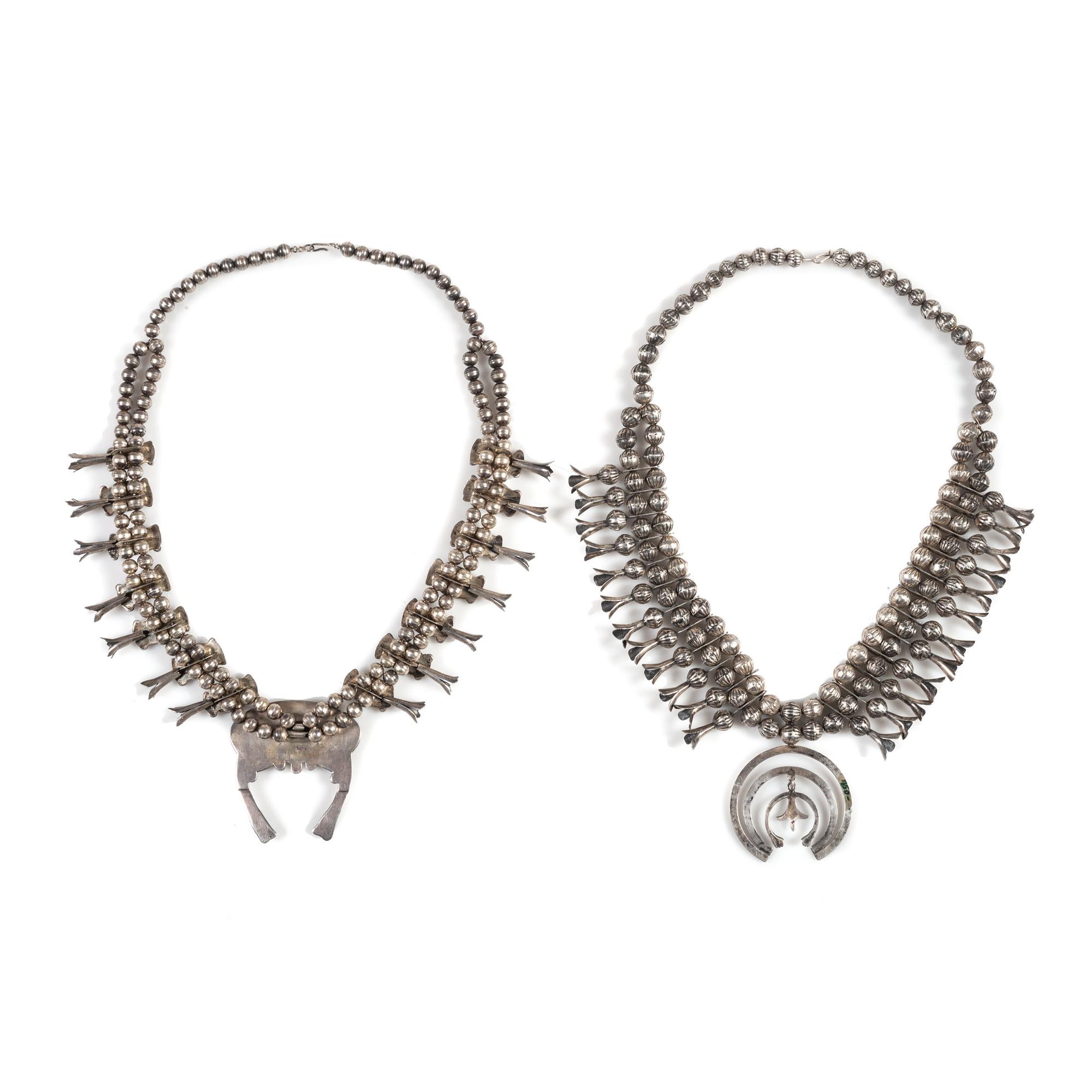 Pair of Southwestern-Style Silver and Turquoise Squash Blossom Necklaces
