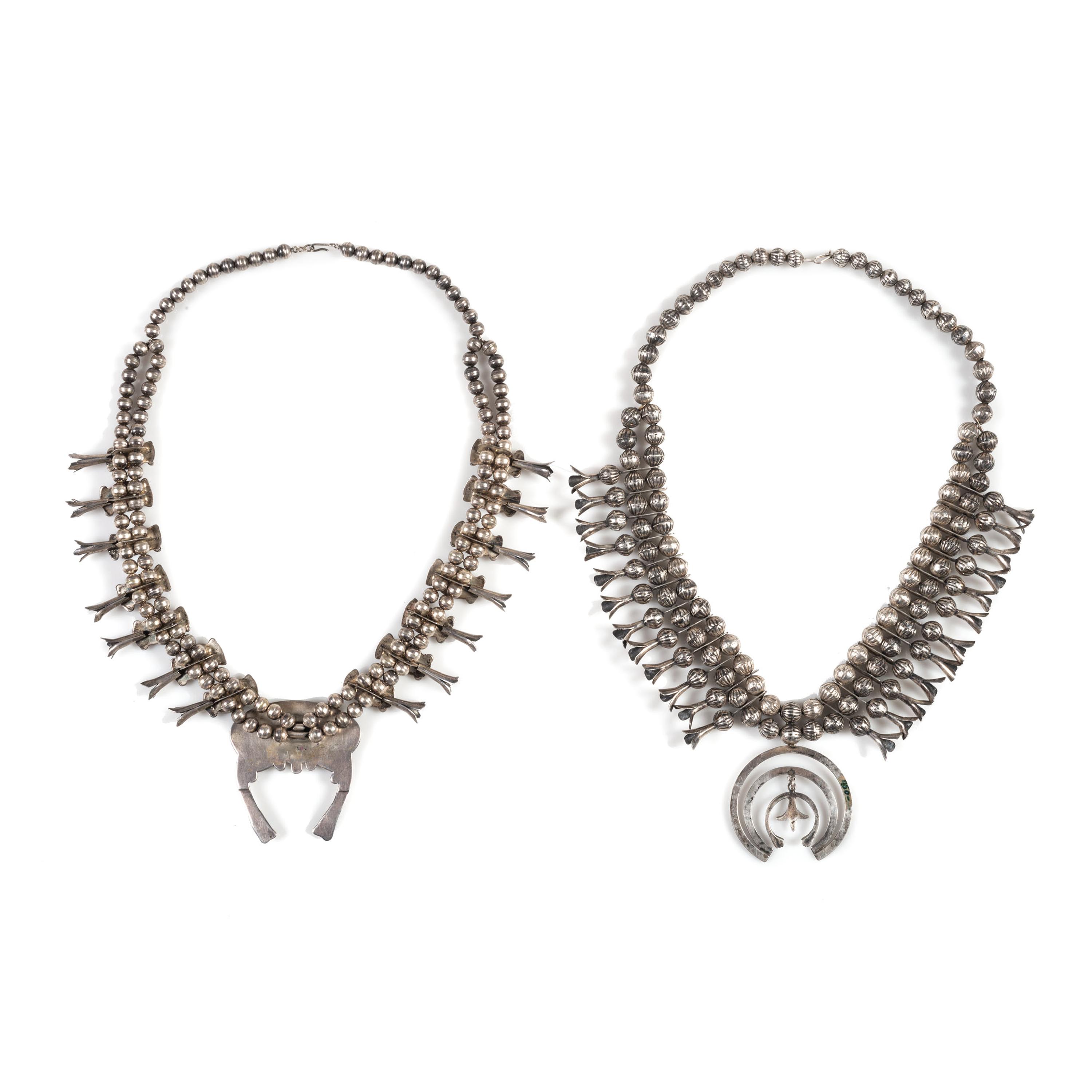 Pair of Southwestern-Style Silver and Turquoise Squash Blossom Necklaces
