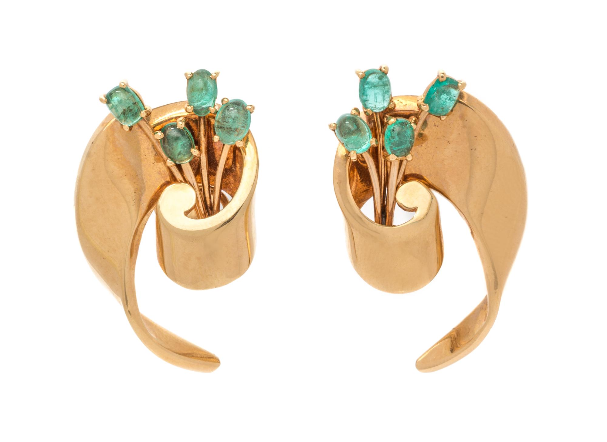 A Pair of Retro Yellow Gold and Emerald Earclips, Trabert & Hoeffer-Mauboussin, 9.00 dwts.