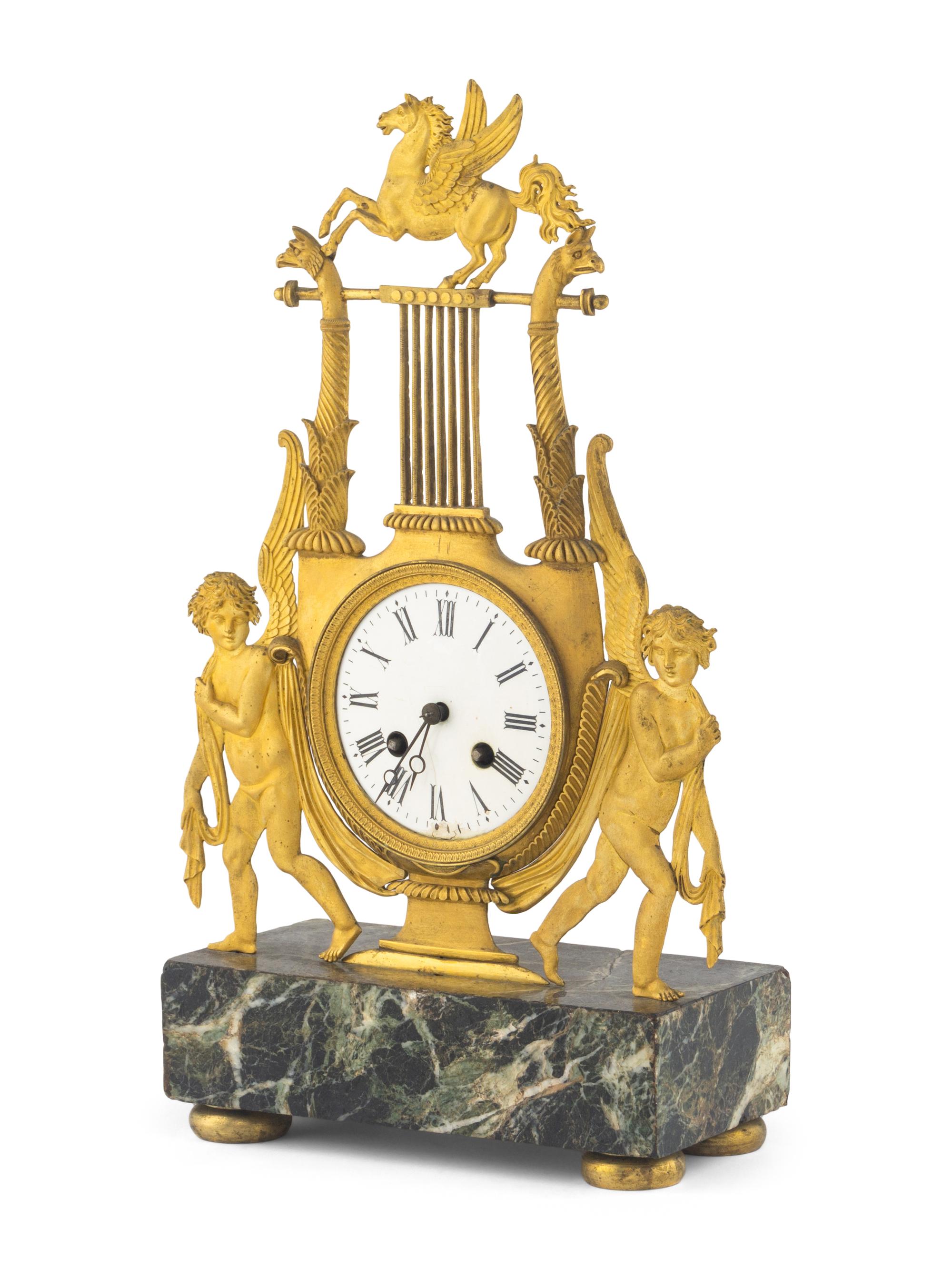 An Empire Style Gilt Bronze Lyre Form Clock