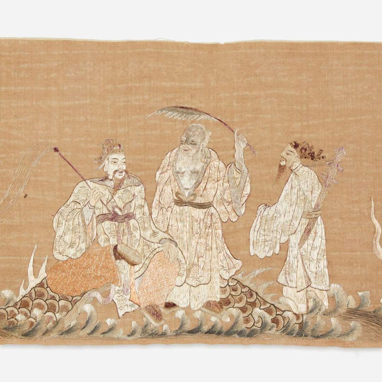 An embroidered panel depicting the eight Daoist Immortals with dragon