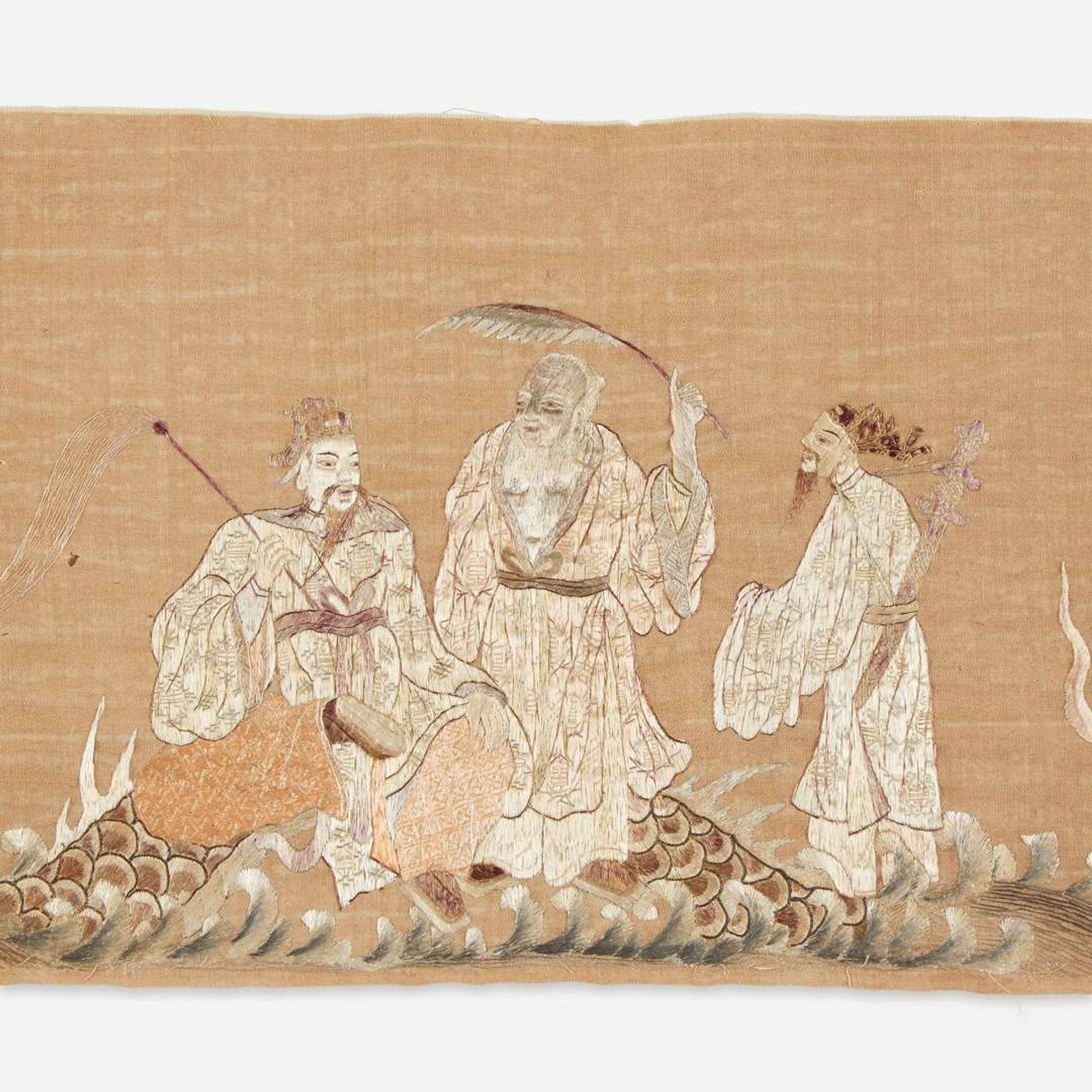 An embroidered panel depicting the eight Daoist Immortals with dragon