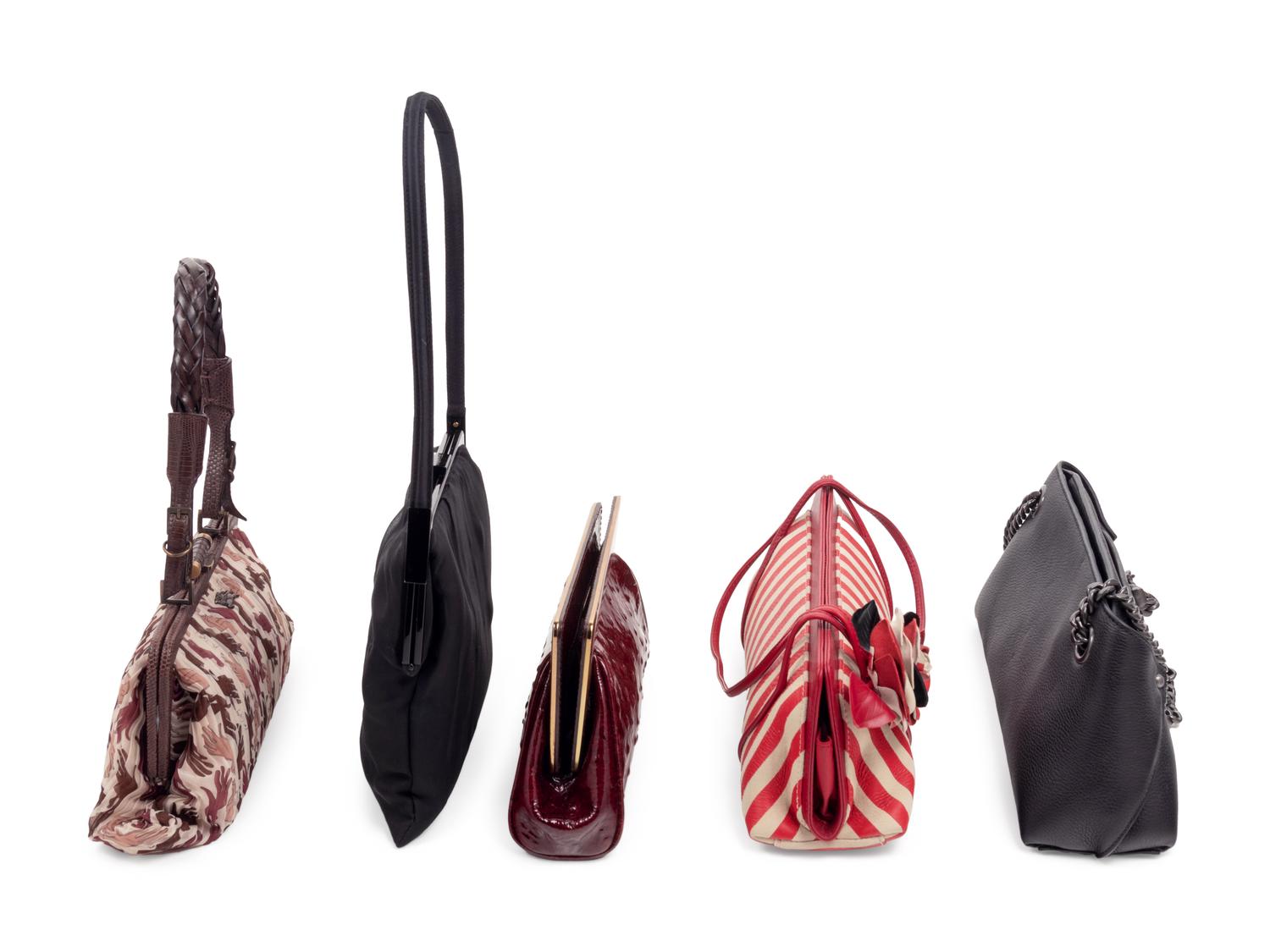 Five Assorted Designer Hand Bags: One Moschino, One Akris, One John Galliano, One Burberry, One Dolce & Gabbana